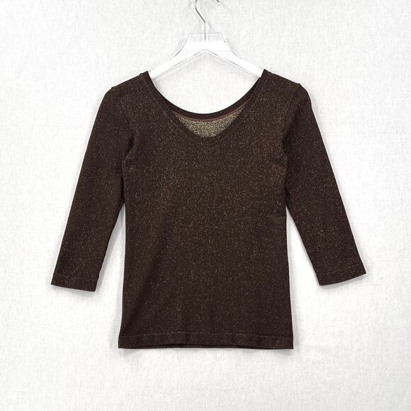MAX MARA BODYWEAR Stretch Knit Layering Top Womens Large Brown Gold 3/4 Sleeve - Picture 3 of 11